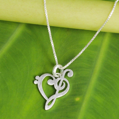 Sterling silver pendant necklace, 'Music of Love' - Artisan Crafted Brushed Silver Music Theme Necklace