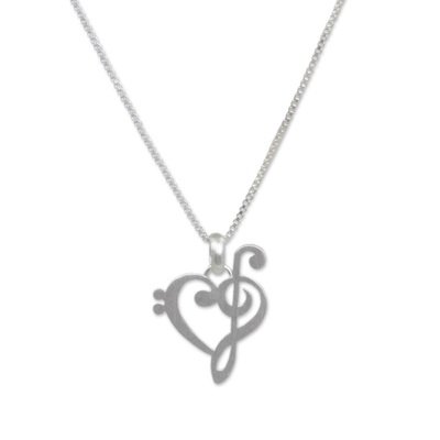 Sterling silver pendant necklace, 'Music of Love' - Artisan Crafted Brushed Silver Music Theme Necklace