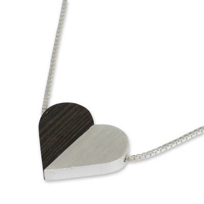 Sterling silver and wood pendant necklace, 'Together Heart' - Wood and Sterling Silver Heart Necklace