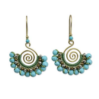 Beaded gold vermeil dangle earrings, 'Aqua Kiss' - Aqua Beaded 24k Gold Vermeil Earrings from Thailand