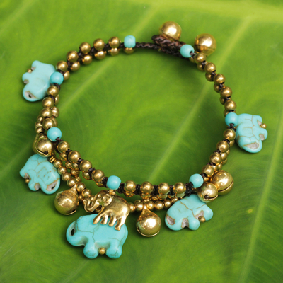 Brass beaded bracelet, 'Blue Elephant' - Handcrafted Bead Bracelet with Blue Elephant Charms