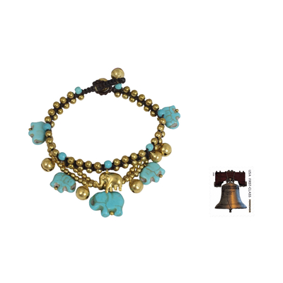 Brass beaded bracelet, 'Blue Elephant' - Handcrafted Bead Bracelet with Blue Elephant Charms