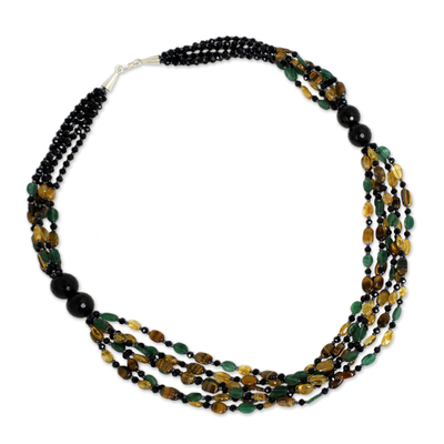 Onyx- und Tigeraugen-Perlenkette, 'Golden Lemon'. - Multi-Edelstein-Handwerker-Perlenkette