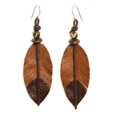 Leather and bone dangle earrings, 'Brown Feather' - Feather-Shaped Earrings Crafted from Leather, Bone and Wood