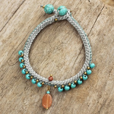Beaded calcite bracelet, 'Mae Sa Falls' - Turquoise Blue Calcite and Brass Bracelet from Thailand