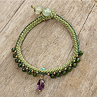 Beaded quartz and amethyst bracelet, 'Mae Sa Jungle' - Braided Cord Bracelet with Quartz, Amethyst, and Prehnite