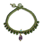 Beaded quartz and amethyst bracelet, 'Mae Sa Jungle' - Braided Cord Bracelet with Quartz, Amethyst, and Prehnite