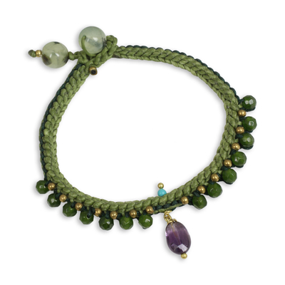 Beaded quartz and amethyst bracelet, 'Mae Sa Jungle' - Braided Cord Bracelet with Quartz, Amethyst, and Prehnite