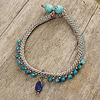 Beaded gemstone bracelet, 'Mae Sa Cascade' - Lapis Lazuli and Agate Braided Bracelet with Brass Beads