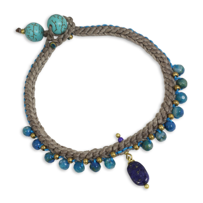 Beaded gemstone bracelet, 'Mae Sa Cascade' - Lapis Lazuli and Agate Braided Bracelet with Brass Beads