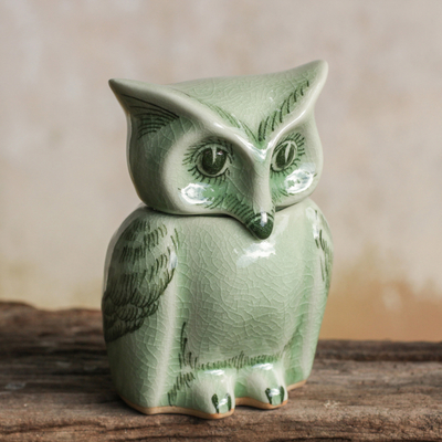 Tarro de cerámica Celadon, 'Happy Green Owl' - Tarro de búho cerámico de celadon verde de comercio justo con tapa