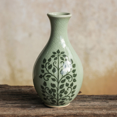 Celadon ceramic bud vase, 'Bodhi Tree' - Handmade Small Green Celadon Ceramic Bud Vase