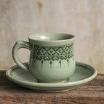 Celadon ceramic cup and saucer, 'Thai Weavings' - Thai Artisan Crafted Green Celadon Cup and Saucer