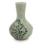 Celadon ceramic bud vase, 'Thai Bodhi' - Fair Trade Thai Celadon Vase with Bodhi Tree Motif