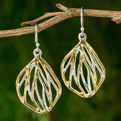 Gold accent sterling silver flower earrings, 'Orchid Origin' - Sterling Silver Flower Earrings with Gold Plated Accents