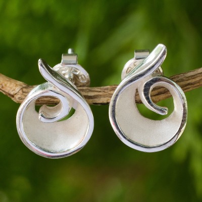 Sterling silver button earrings, 'Frosted Swirl' - Original Artisan Designed Sterling Silver Button Earrings