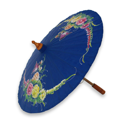 Cotton and bamboo parasol, 'Butterfly Paradise in Blue' - Blue Thai Parasol in Hand Painted Cotton with Bamboo Frame
