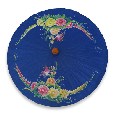 Sonnenschirm aus Baumwolle und Bambus - Blauer Thai-Sonnenschirm aus handbemalter Baumwolle mit Bambusrahmen