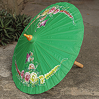 Cotton and bamboo parasol, 'Butterfly Paradise in Green' - Hand Painted Cotton Green Thai Parasol with Bamboo Frame