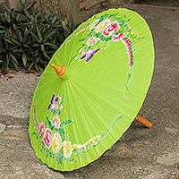 Cotton and bamboo parasol, 'Butterfly Paradise in Lime' - Thai Parasol in Lime Green Cotton with Bamboo Frame