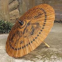 Paper and bamboo parasol, 'Dragons and Phoenixes' - Decorative Thai Parasol Hand Crafted with Paper and Bamboo