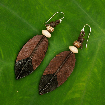 Leather dangle earrings, 'Leaf Feather' - Fair Trade Handmade Leather Earrings from Thailand