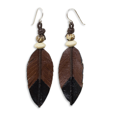 Leather dangle earrings, 'Leaf Feather' - Fair Trade Handmade Leather Earrings from Thailand