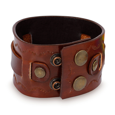 Hand Tooled Brown Leather Wristband Bracelet for Men - Western Brown ...