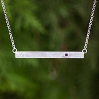 Sterling silver and amethyst pendant bar necklace, 'Simply Love'