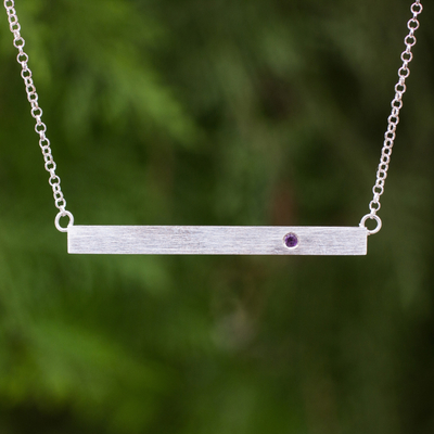 Sterling silver and amethyst pendant bar necklace, 'Simply Love' - Artisan Crafted Sterling Silver and Amethyst Bar Necklace