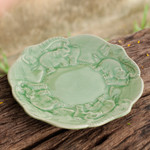 Celadon ceramic plate, 'Elephant Family' - Artisan Crafted Elephant Theme Thai Celadon Ceramic Plate