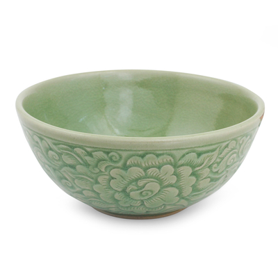 Cuenco de cerámica celadón - Cuenco de cerámica de celadón tailandés con tema floral hecho a mano artesanalmente