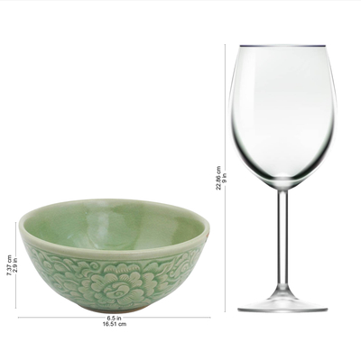 Celadon ceramic bowl, 'Green Peony' - Artisan Crafted Floral Theme Thai Celadon Ceramic Bowl