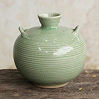 jarron de ceramica celadón - Florero de cerámica verde celadón tailandés hecho a mano artesanalmente