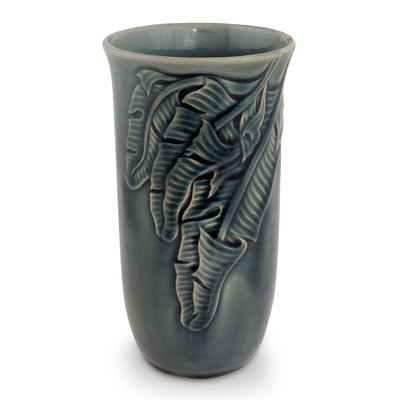 Celadon ceramic vase, 'Blue Banana Leaves' - Blue Celadon Ceramic Vase Handcrafted in Thailand