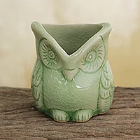 Soporte de cerámica Celadon, 'Happy Green Owl' - Maceta temática de pájaro celadon tailandés verde hecho a mano