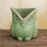 Celadon ceramic holder, 'Happy Green Owl' - Handcrafted Green Thai Celadon Bird Theme Pot