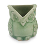 Celadon ceramic holder, 'Happy Green Owl' - Handcrafted Green Thai Celadon Bird Theme Pot