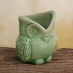 Celadon ceramic holder, 'Happy Green Owl' - Handcrafted Green Thai Celadon Bird Theme Pot