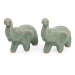 Celadon ceramic figurines, 'Lucky Green Elephants' (pair) - 2 Green Celadon Ceramic Handcrafted Lucky Elephant Figurines