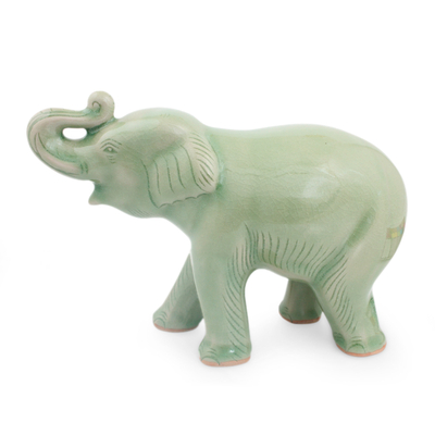 Celadon ceramic figurine, 'Laughing Elephant' - Thai Artisan Crafted Celadon Ceramic Elephant Figurine