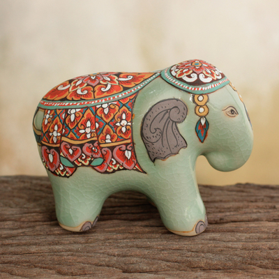 Celadon ceramic figurine, 'Royal Thai Elephant' - Artisan Crafted Thai Celadon Ceramic Elephant Statuette