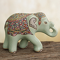 Celadon ceramic figurine, 'Smiling Royal Elephant' (small) - Thai Celadon Hand Painted Ceramic Elephant Figurine (Small)