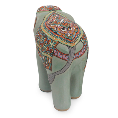Celadon ceramic figurine, 'King's Royal Elephant' (small) - Hand Painted Thai Celadon Ceramic Elephant Statuette (Small)