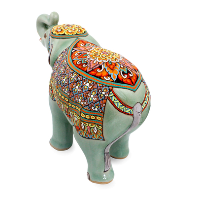 Celadon ceramic figurine, 'Trumpeting Elephant' - Green Celadon Ceramic Elephant Handcrafted in Thailand