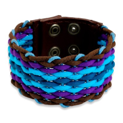 Blue Cotton and Brown Leather Wristband Bracelet for Women