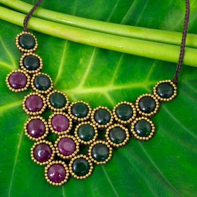 Beaded quartz necklace, 'Autumn Garden Path' - Fair Trade Bead Necklace with Burgundy and Green Quartz