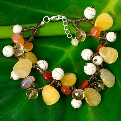 Carnelian and quartz beaded bracelet, 'Autumn Symphony' - Beaded Carnelian Gemstone Bracelet from Thailand