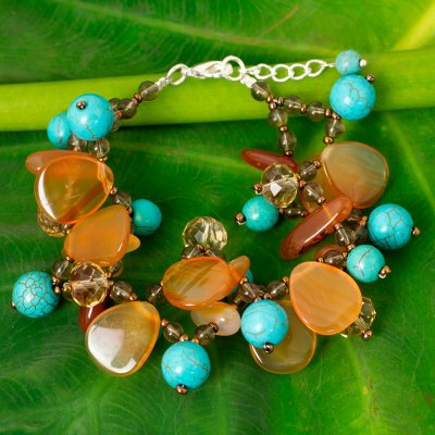 Carnelian and calcite beaded bracelet, 'Winter Symphony' - Turquoise Calcite and Carnelian Bracelet with Smoky Quartz