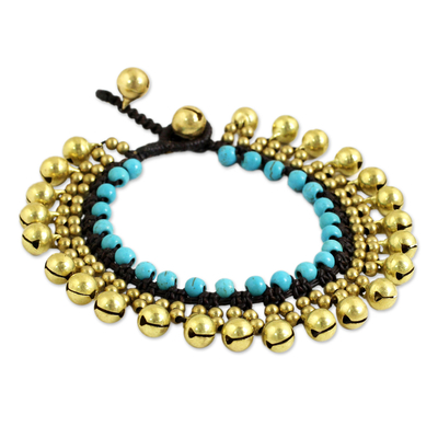Beaded calcite bracelet, 'Summer Bells' - Handcrafted Turquoise Blue Calcite and Brass Bracelet